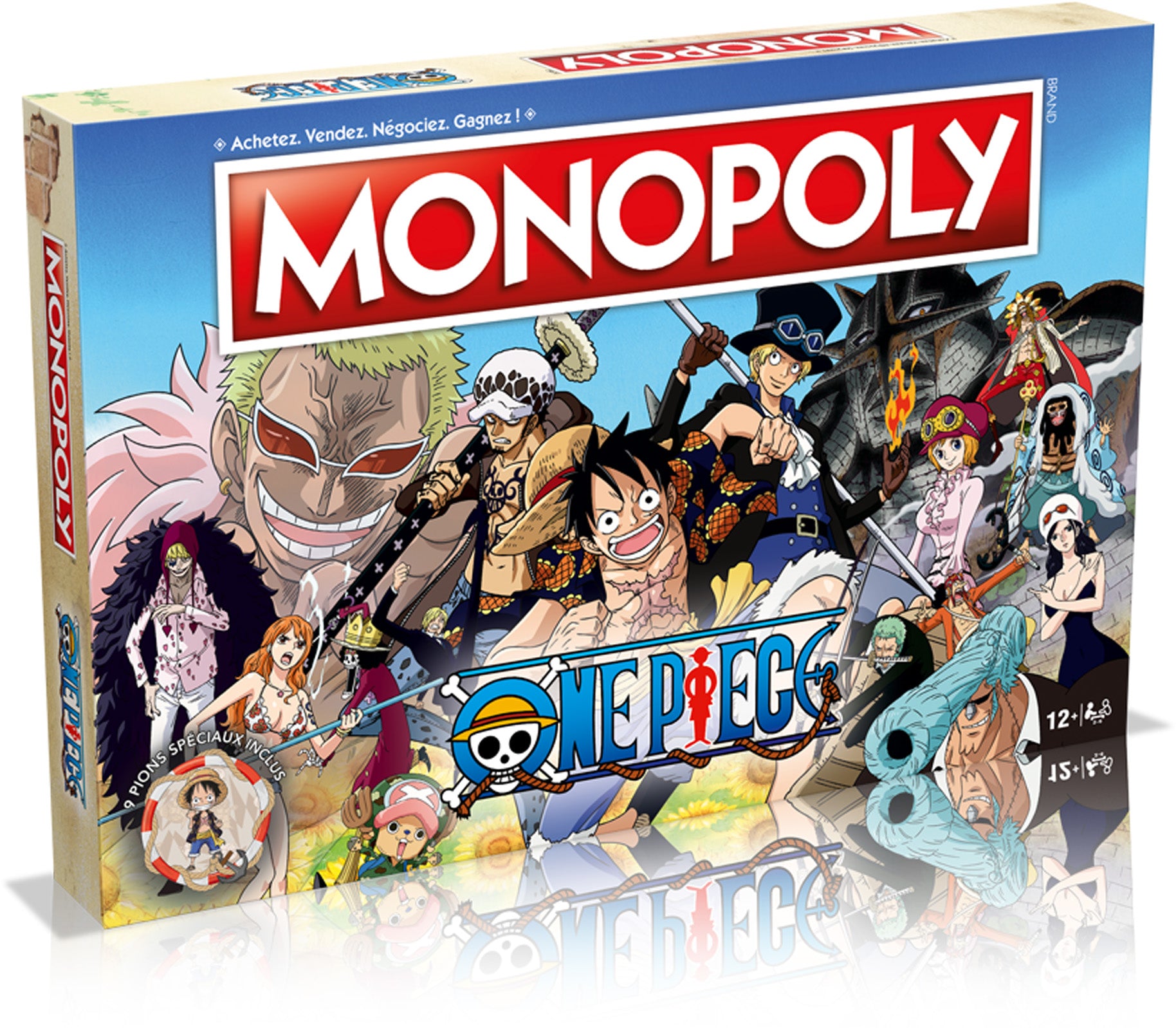 Monopoly One Piece board game box with characters from the anime series on a white background