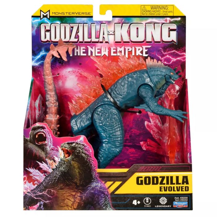 Toy figure packaging for 'Godzilla x Kong: The New Empire' with Godzilla Evolved on a colorful background.