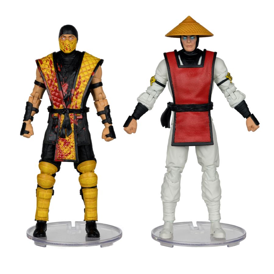 Two action figures on clear bases against a white background