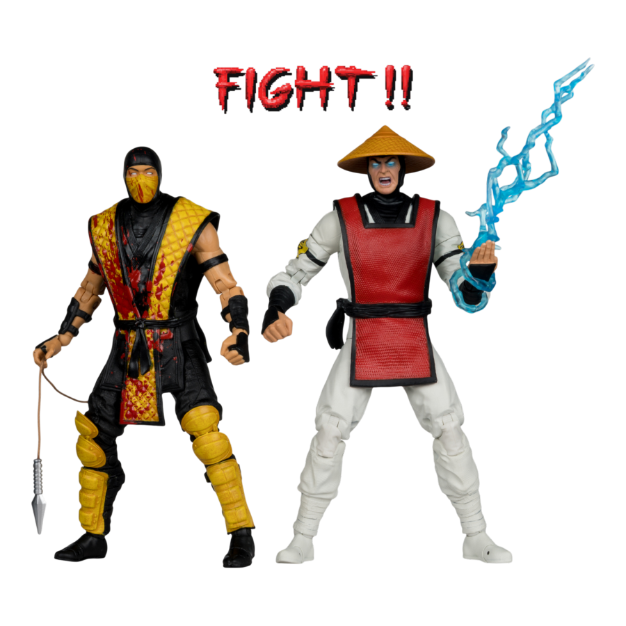 Two action figures with a 'FIGHT!!' text above them on a white background.
