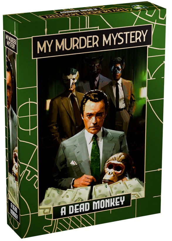 Box for 'My Murder Mystery' game featuring a man in a suit and a dead monkey, with green and black design.