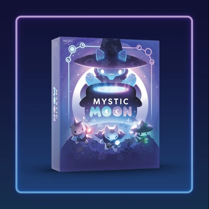 Unstable Games branded packaging with purple background. A glowing cauldron and cat with witch hat are featured on cover.