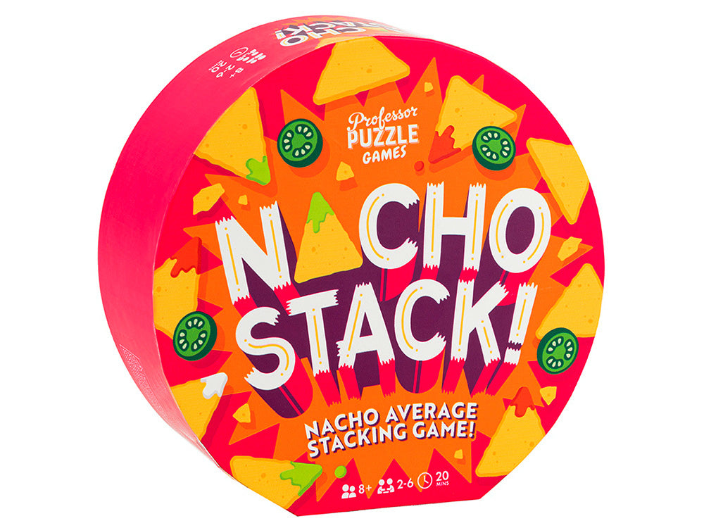 Colorful packaging of 'Nacho Stack!' game by Professor Puzzle Games on a white background