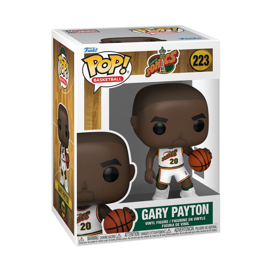 Funko Pop! vinyl figure packaging featuring Gary Payton with a basketball, on a white background.