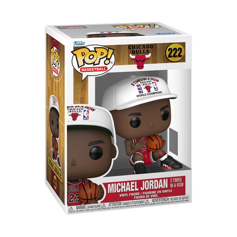 Michael Jordan Pop! Vinyl, with basketball in his left and holding three fingers up on his right. NBA: Bulls - Michael Jordan (3 in a Row) Pop! Vinyl.