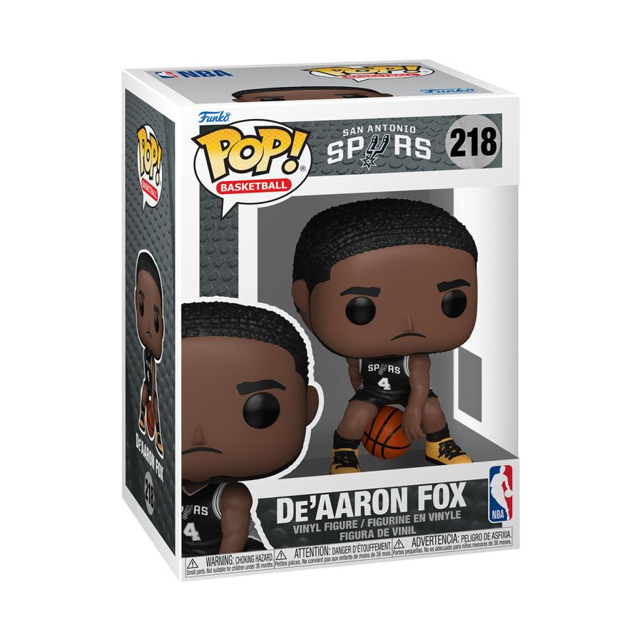 Funko Pop! vinyl figure packaging featuring De'Aaron Fox with San Antonio Spurs branding. NBA: Spurs - De'Aaron Fox Pop! Vinyl.
