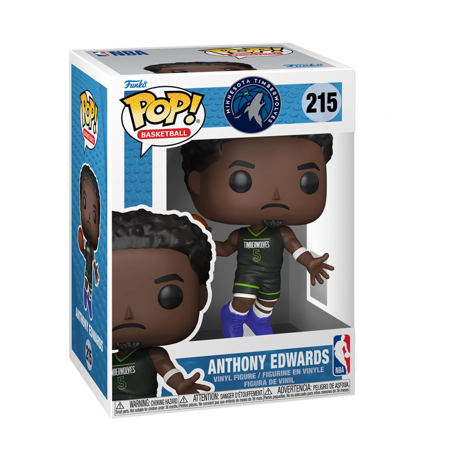 Anthony Edwards Pop Vinyl, in slam dunk pose with basketball in hand. NBA: Timberwolves - Anthony Edwards Pop! Vinyl.