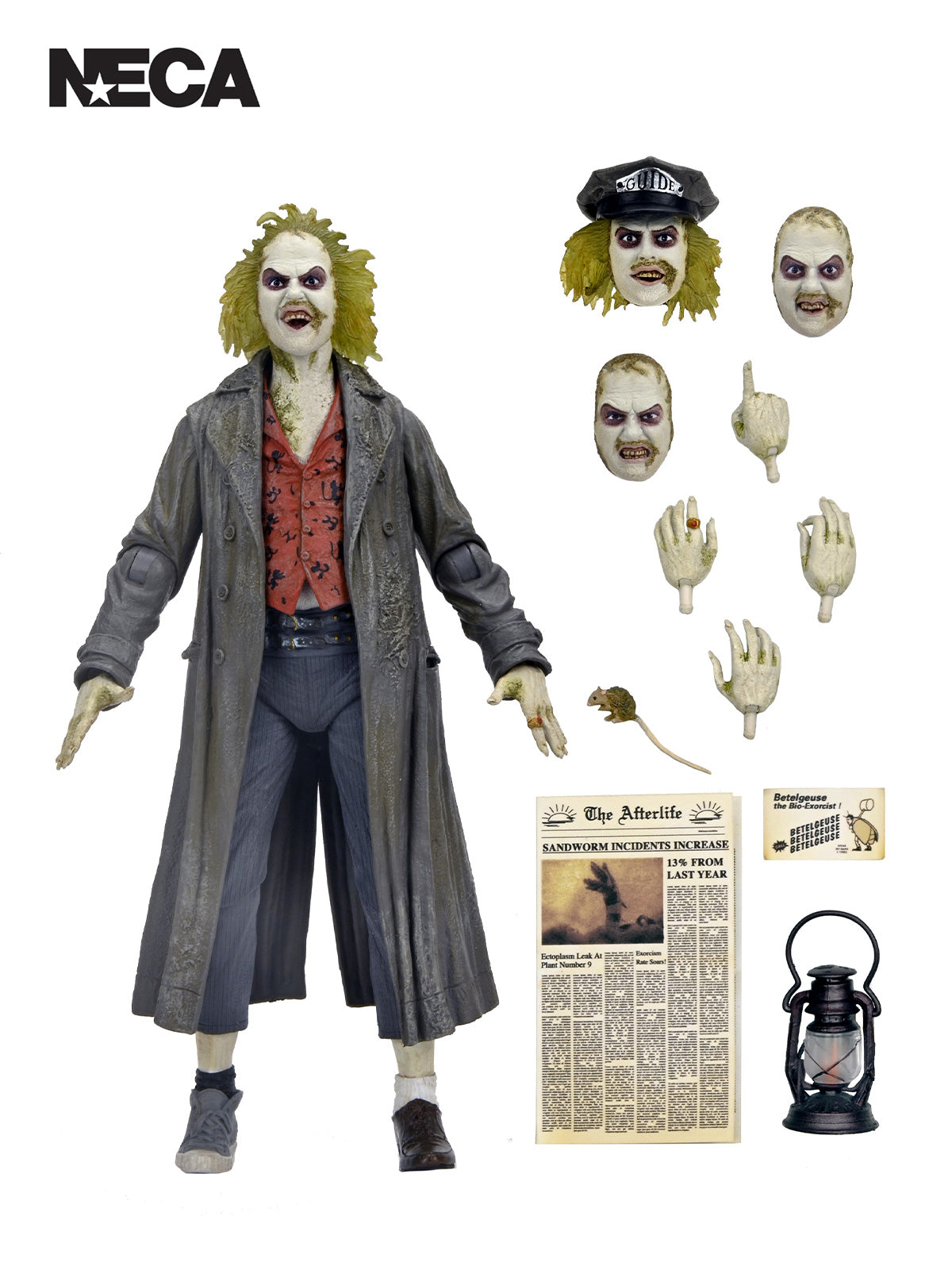 Action figure with interchangeable heads and accessories on a white background, featuring NECA branding.