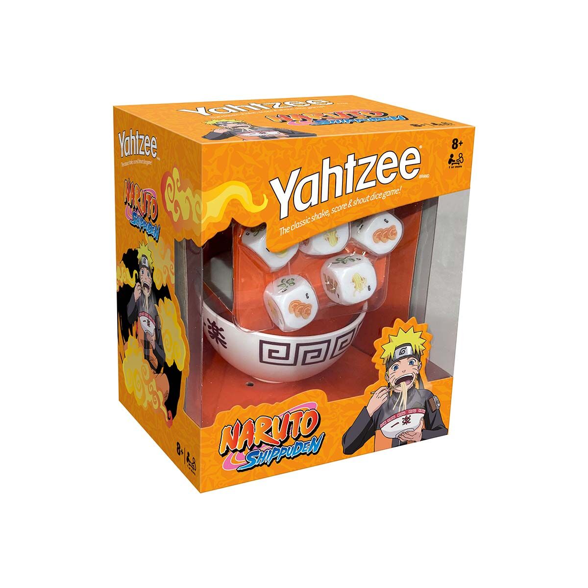 Naruto Shippuden Yahtzee board game in its original orange packaging, featuring a white bowl with dice visible through a clear window on the front.