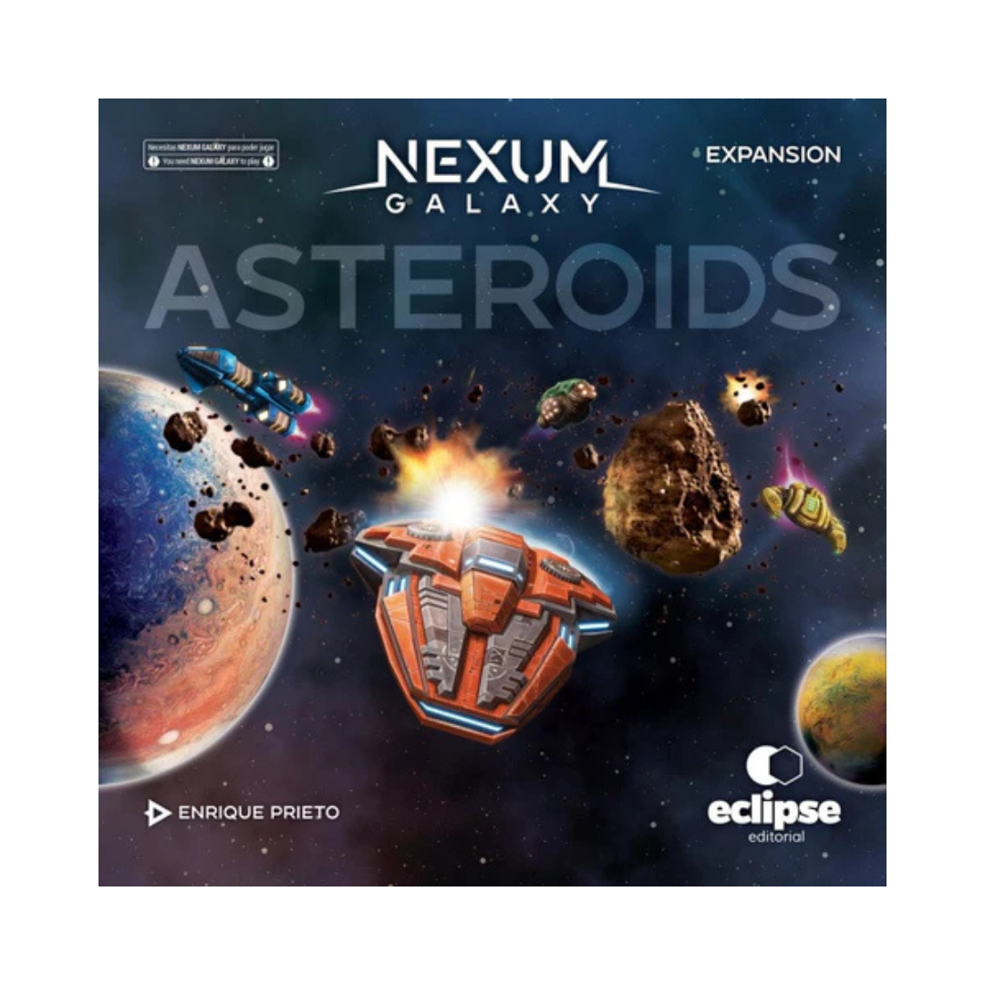 Board game expansion pack cover for 'Nexum Galaxy Asteroids' with space-themed artwork.