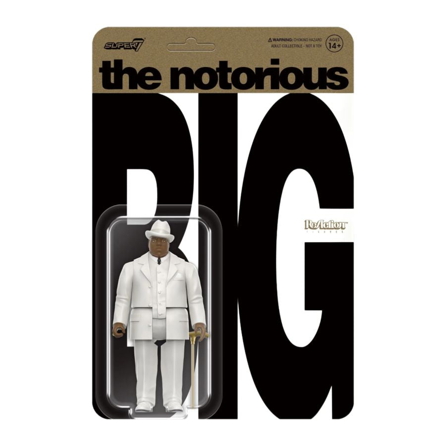 Notorious B.I.G action figure, with gold walking stick and white suit. Notorious B.I.G. – Biggie in Suit Reaction 3.75″ Figure