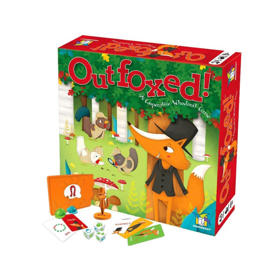 Board game box for 'Outfoxed!' with fox illustration and game components on a white background