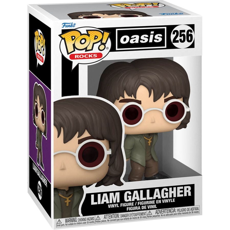 Funko Pop! Rocks Oasis Liam Gallagher vinyl figure packaging on a white background. Oasis Liam Gallagher Pop! Vinyl.