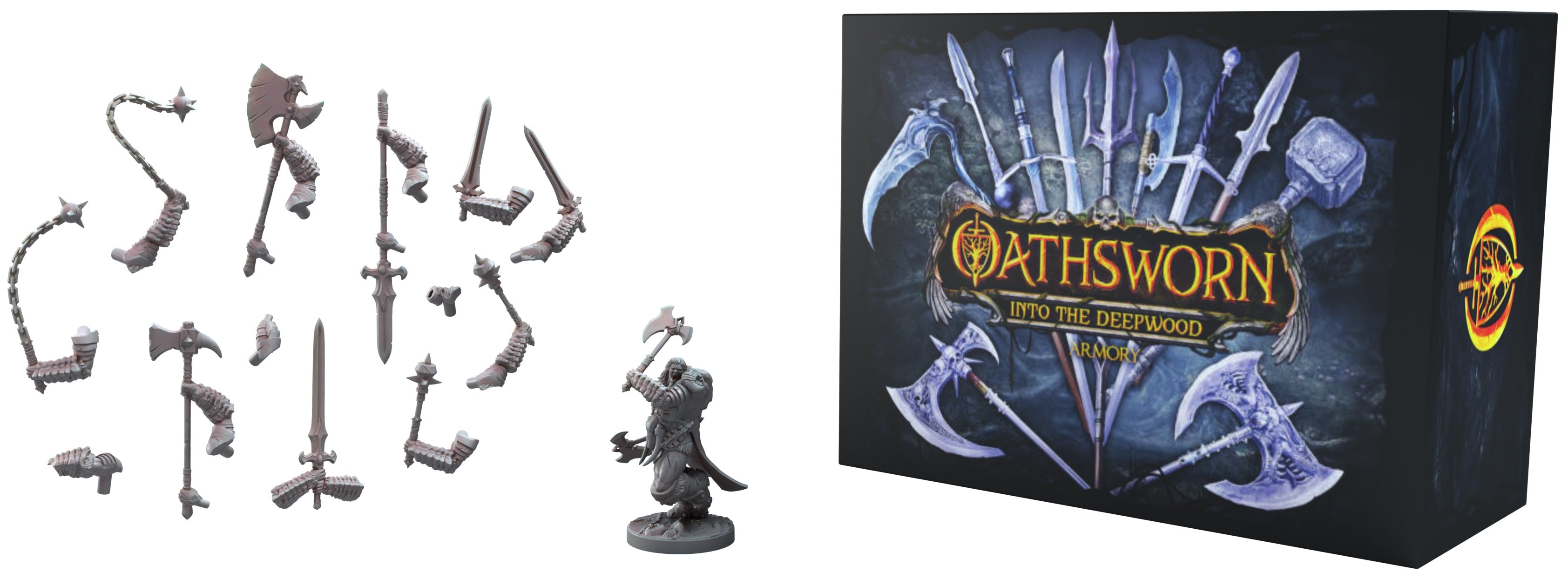 Miniature figurines and weapons with 'Oathsworn Into the Deepweb' box set packaging.
