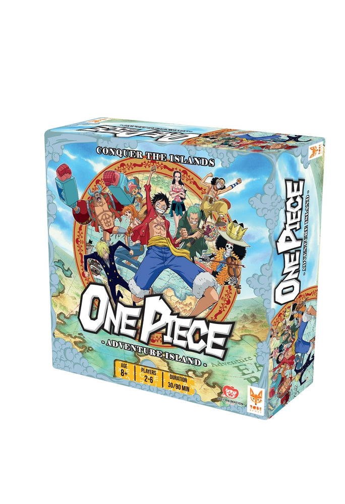 One Piece board game box with characters and colorful design on a white background