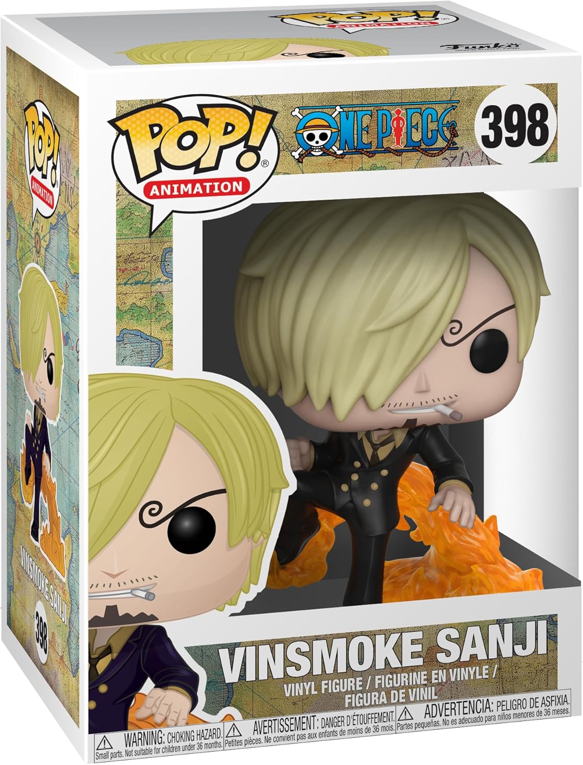 One Piece - Vinsmoke Sanji Pop! Vinyl. Vinsmoke Sanji Figure sitting on flames in Funko packaging 