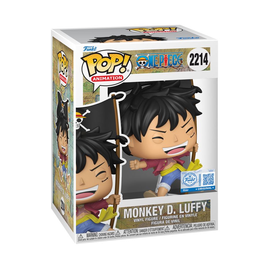 Luffy Figure with Flag in Funko packaging from one piece. One Piece - Luffy D. Luffy (with Flag) Pop! Vinyl 