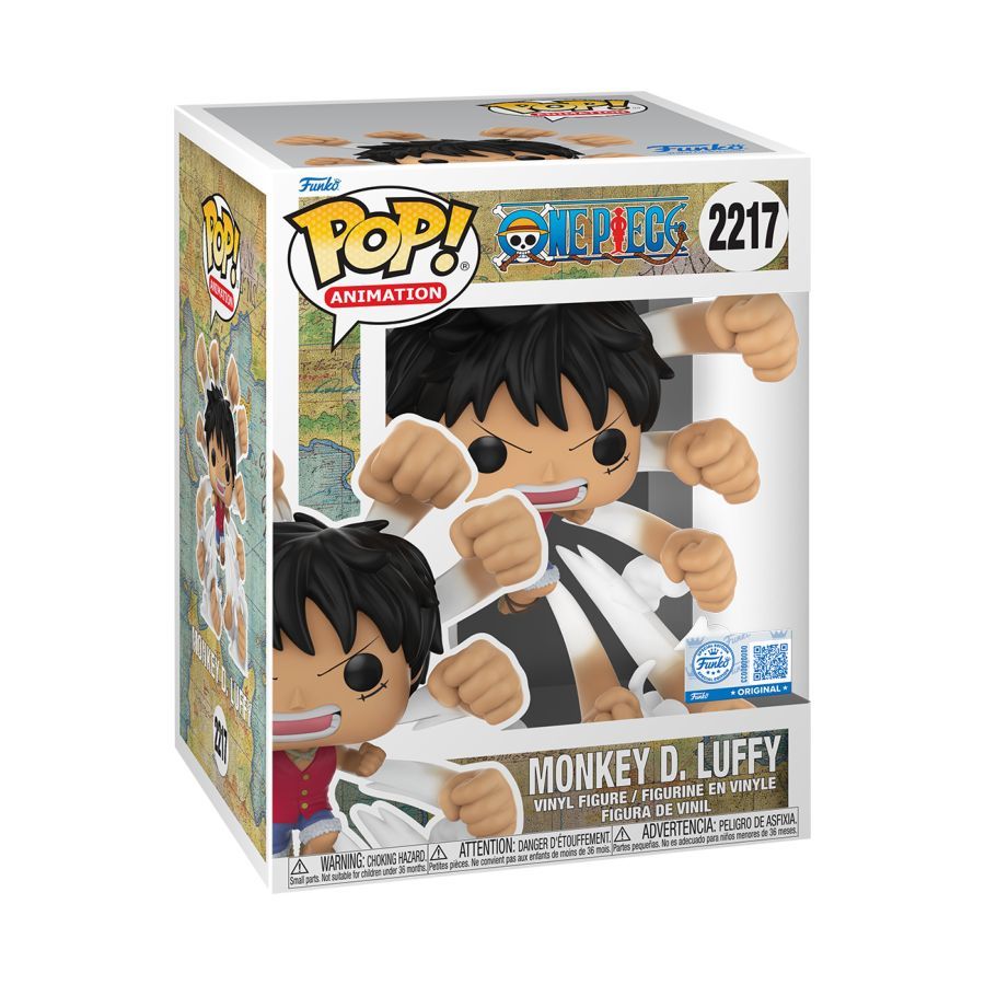 Funko branded packaging with clear window. Inside box is Monkey D Luffy surrounded by fists. 