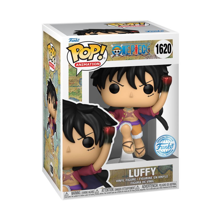 Funko branded packaging with clear window. Inside box is a Luffy action figure with red hot metallic fist.