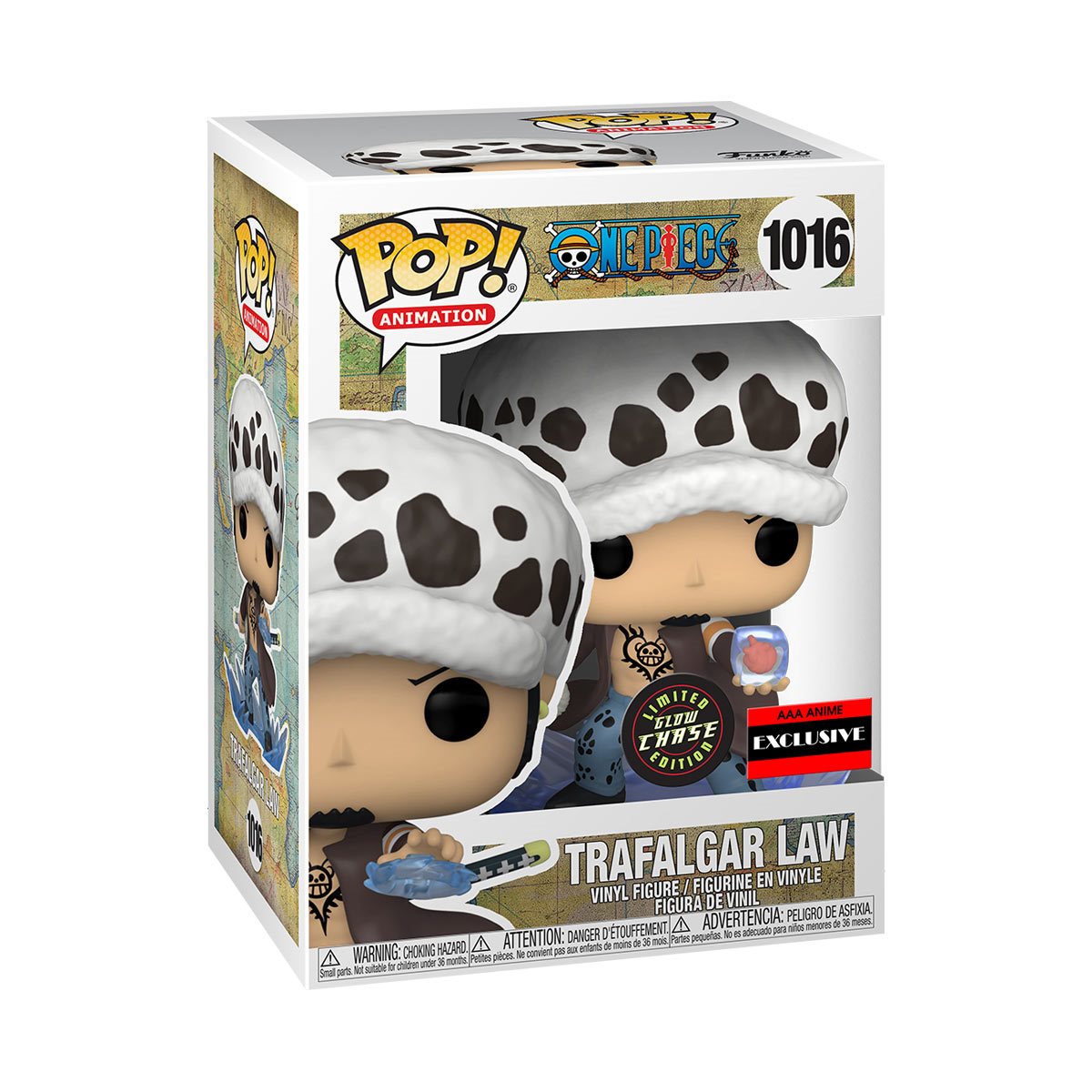 Funko branded packaging with clear product window. Inside is a Glow in the dark Trafalgar Law Pop! Vinyl