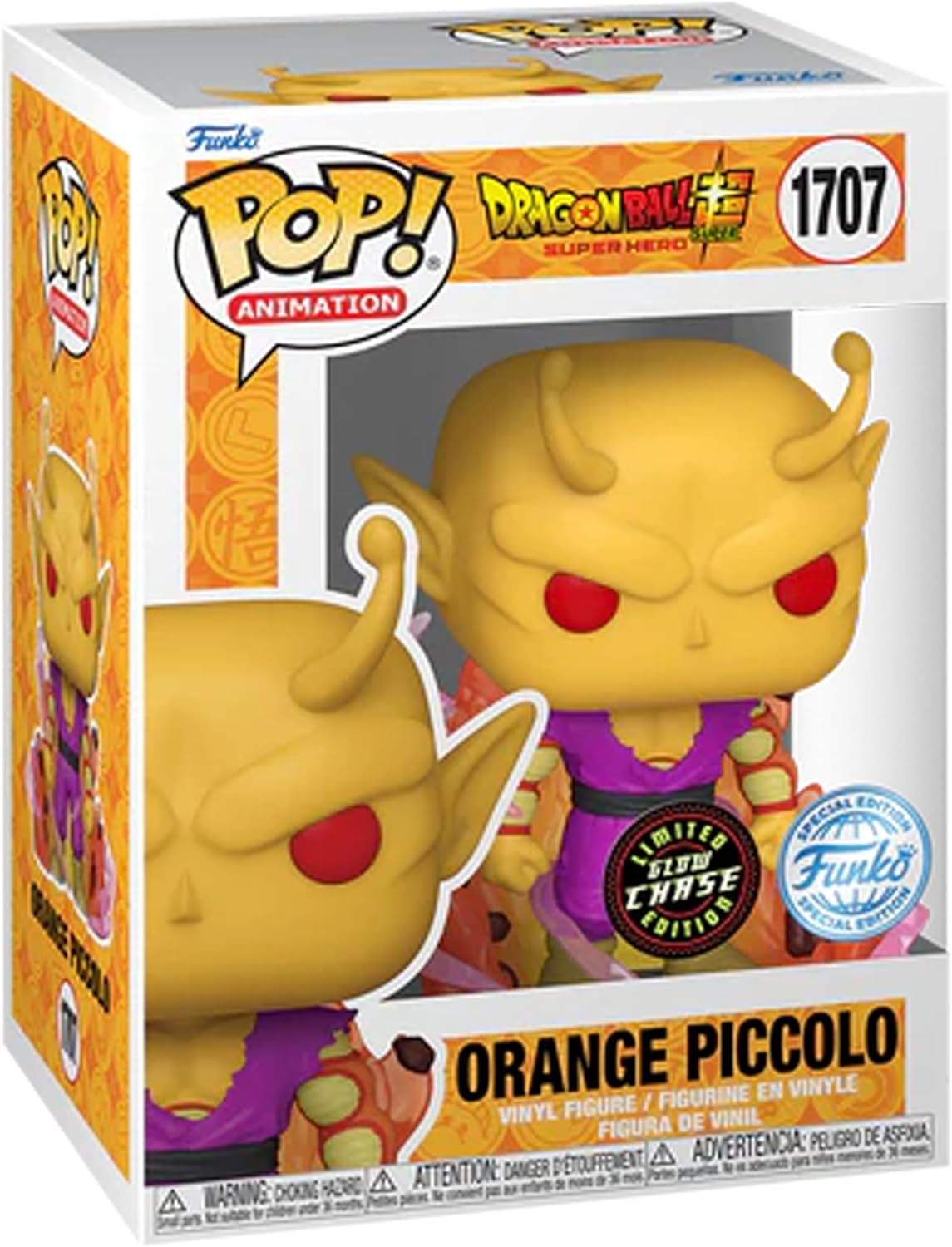 Funko branded packaging with clear window. Inside box is Orange Piccolo action figure with flames. 