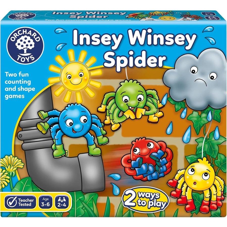 Orchard Toys branded packaging with grey cloud, pipe, blue, green,red and yellow spiders on cover. 