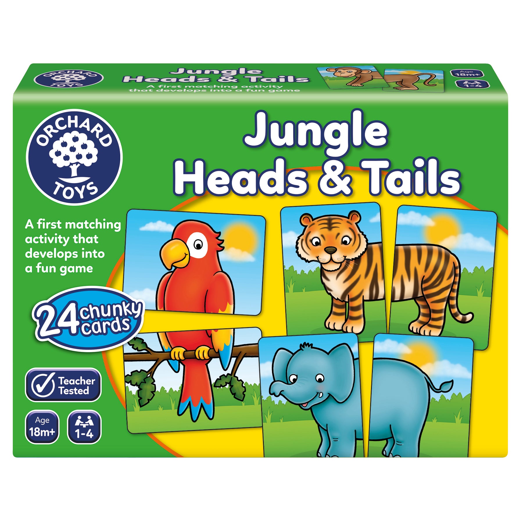 Green Orchard Toys branded packaging, with Tiger, Parrot and Elephant game cards on cover. 