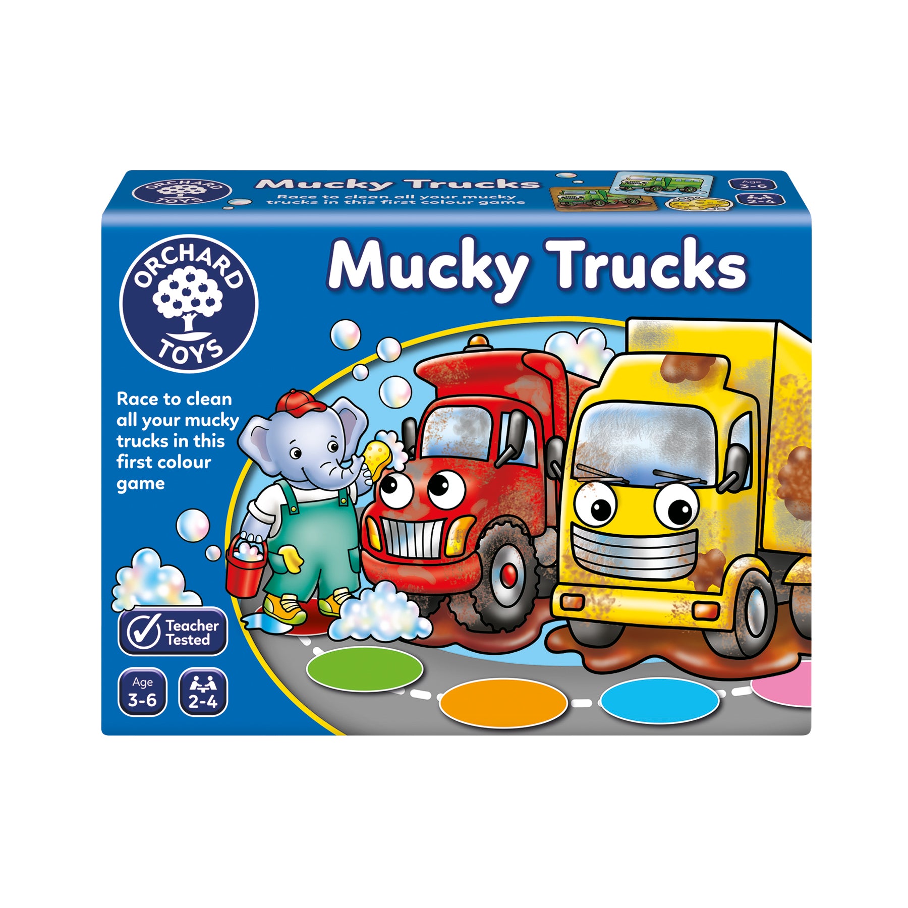 Orchard Toys branded packaging with elephant, red truck and yellow truck on front cover. 