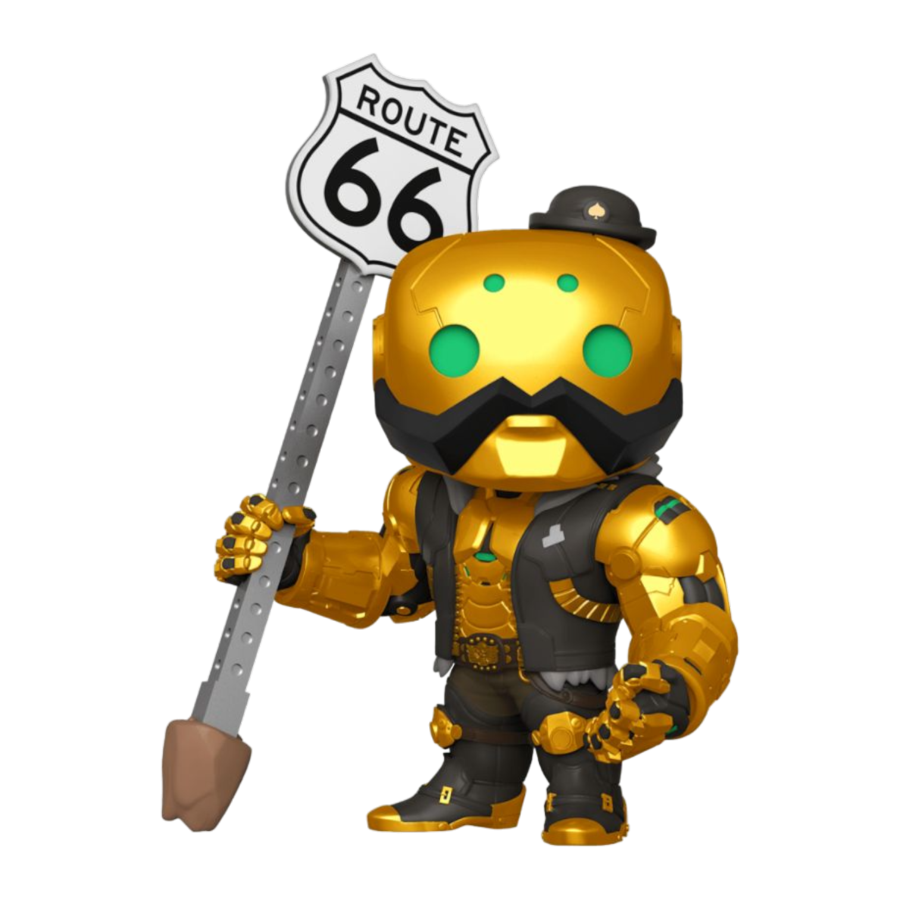 Gold and black robot holding a Route 66 sign on a white background. Overwatch B.O.B. Metallic US Exclusive 6" Pop! Vinyl.