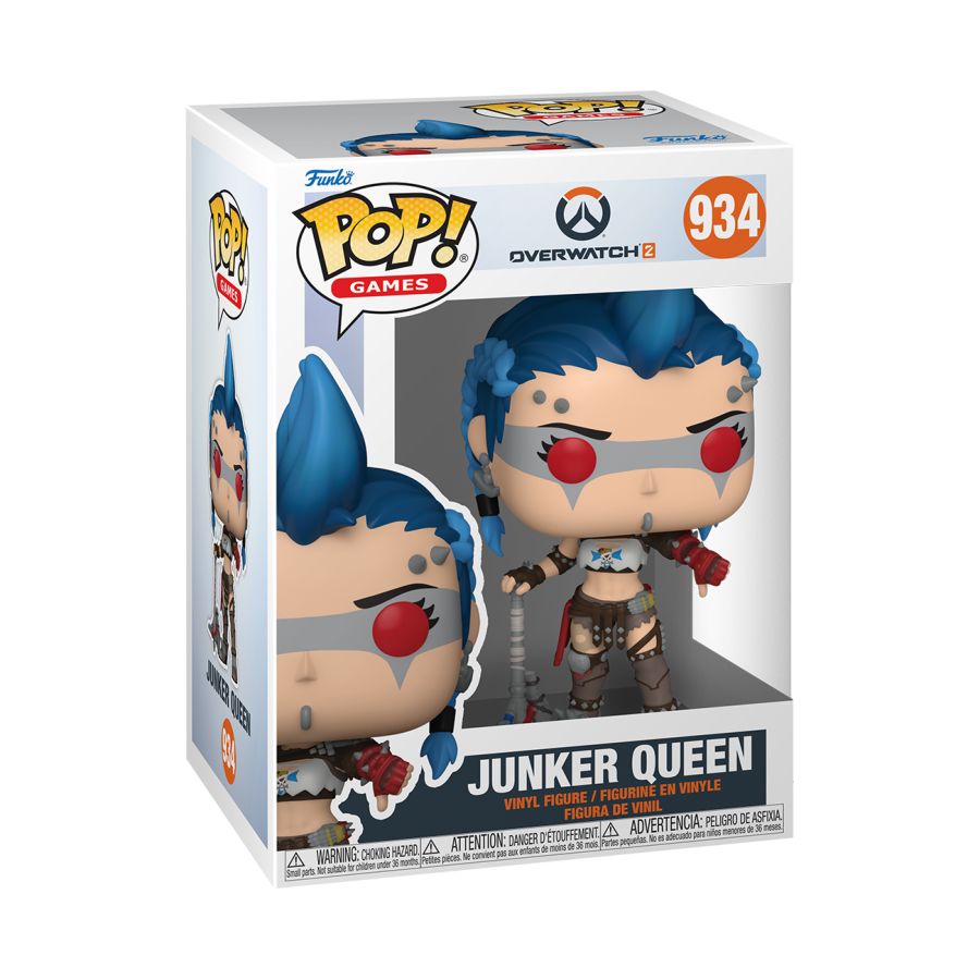 Funko Pop! Games Overwatch Junker Queen vinyl figure packaging on a white background. Overwatch 2 Junker Queen Pop! Vinyl