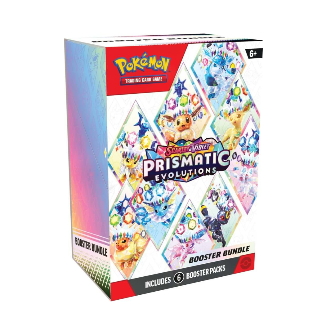 Pokémon Prismatic Evolutions trading card game booster bundle packaging on a white background