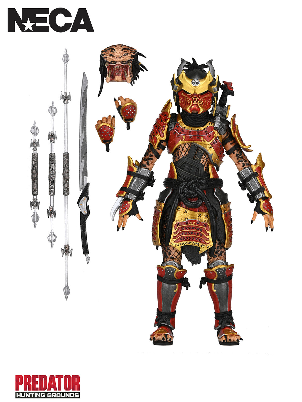 Predator action figure with accessories on a white background, featuring NECA branding.