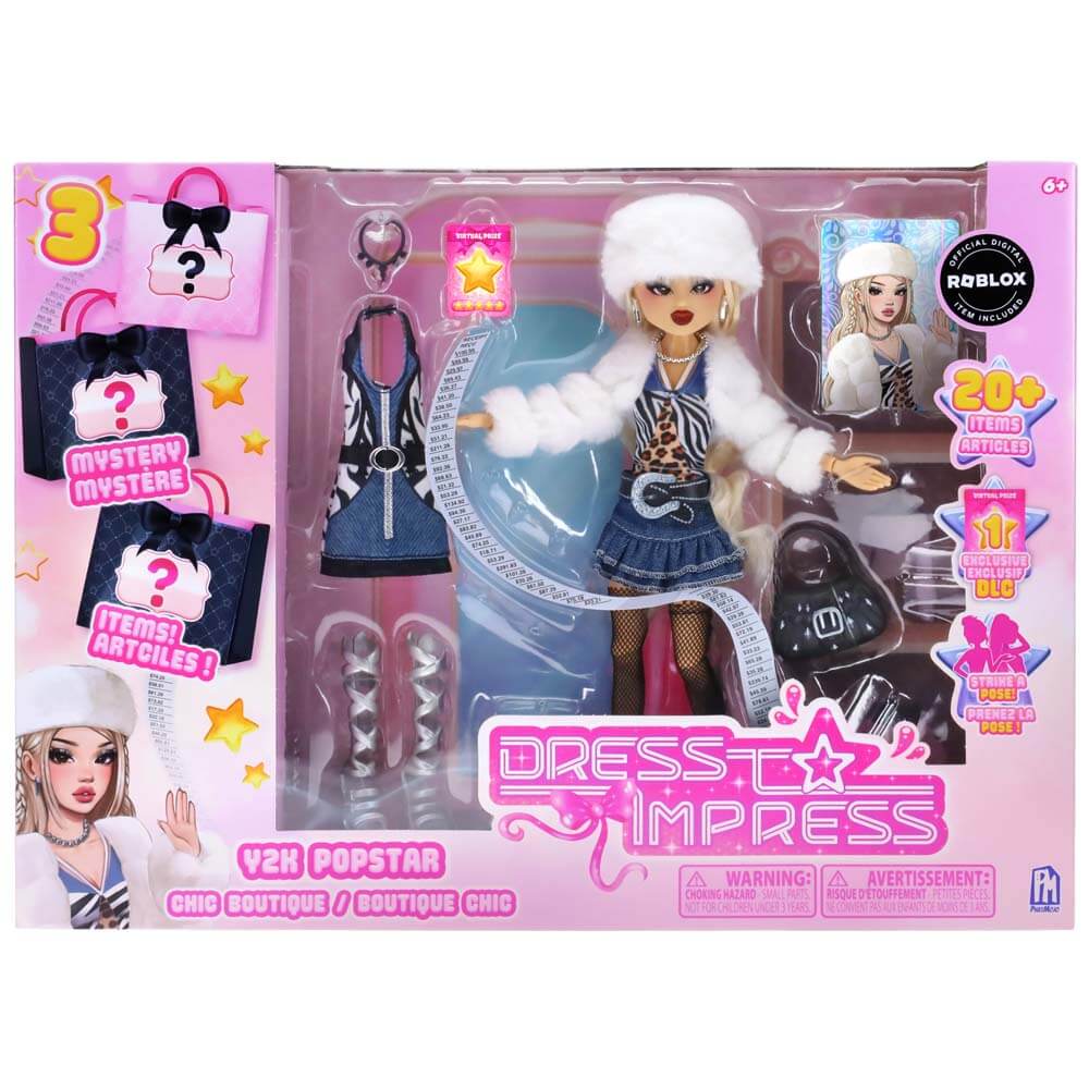 Dress to Impress Y2K Popstar Chic Boutique doll in pink box on a white backround