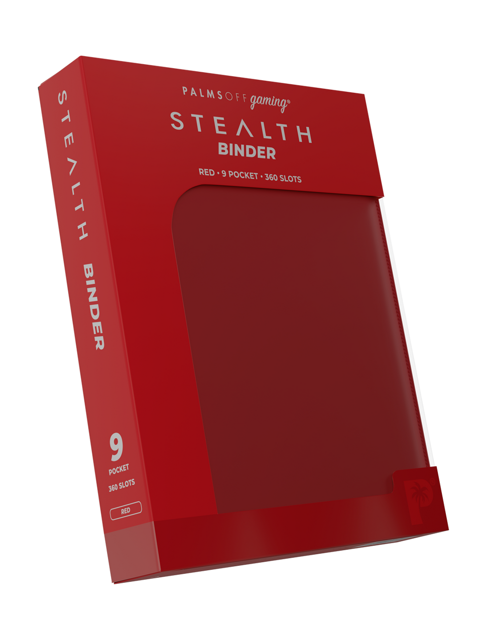 Image shows red Palms Off branded packaging with clear window and binder inside. 