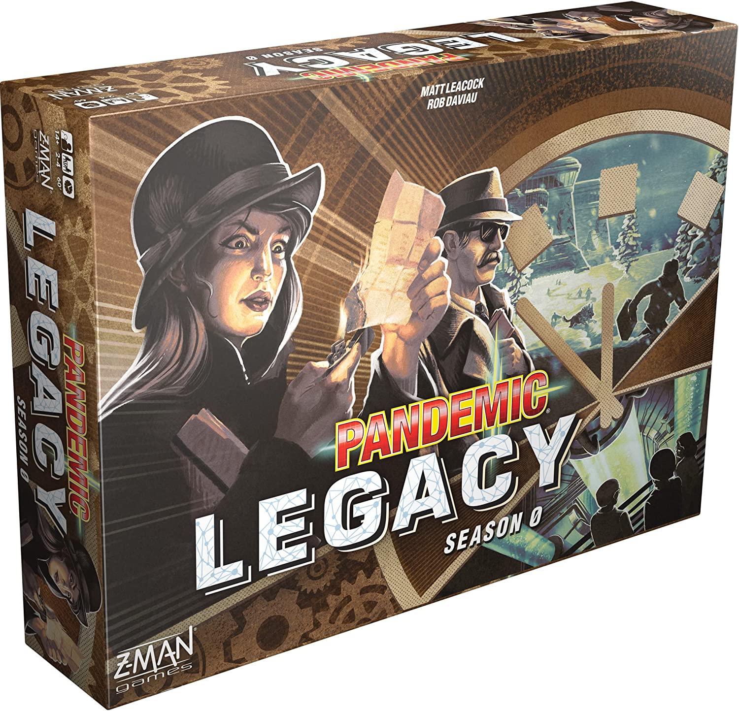 Board game box for 'Pandemic Legacy' with characters and text on a brown background