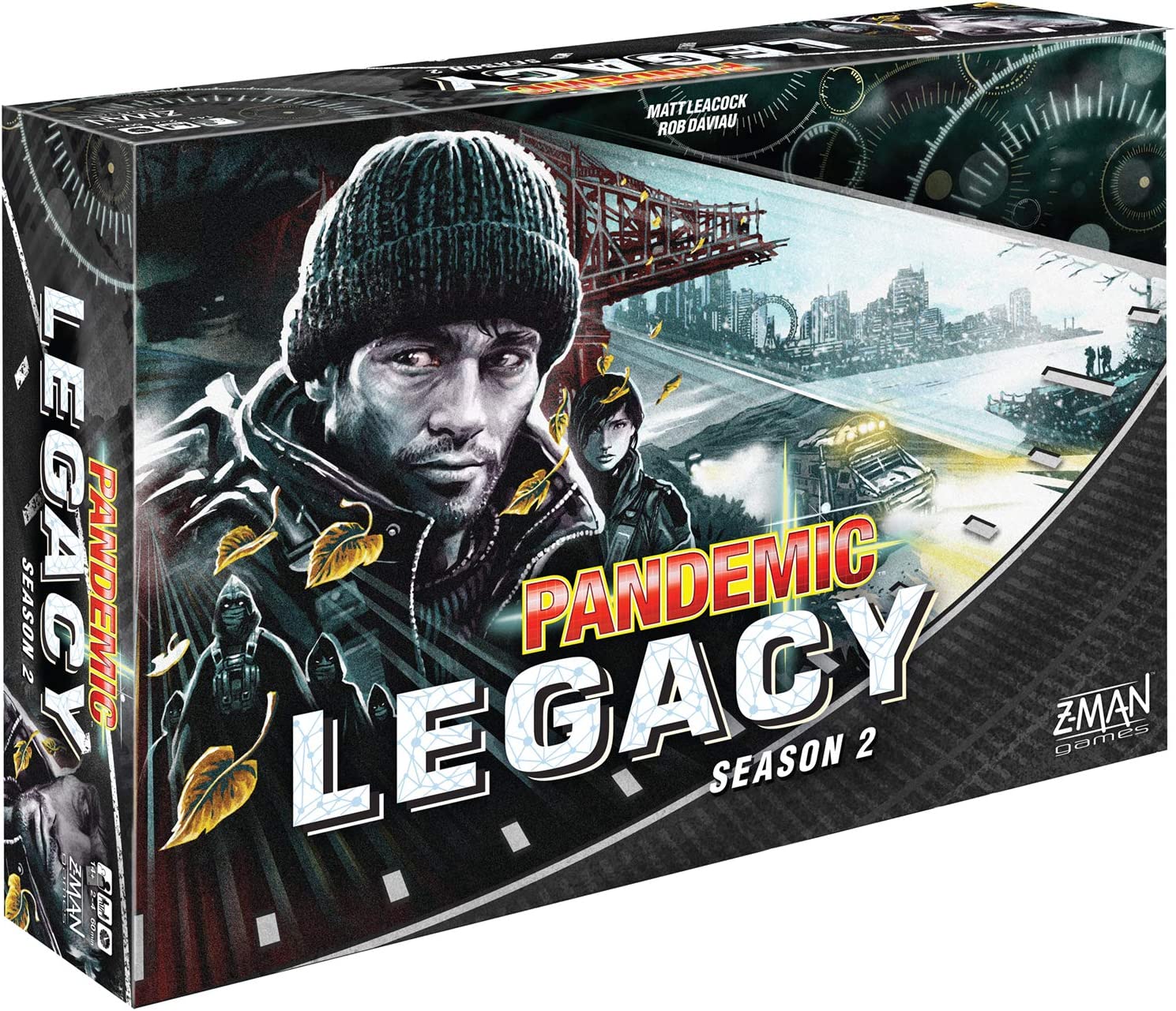 Board game box for 'Pandemic Legacy Season 2' with a character in a beanie and jacket.