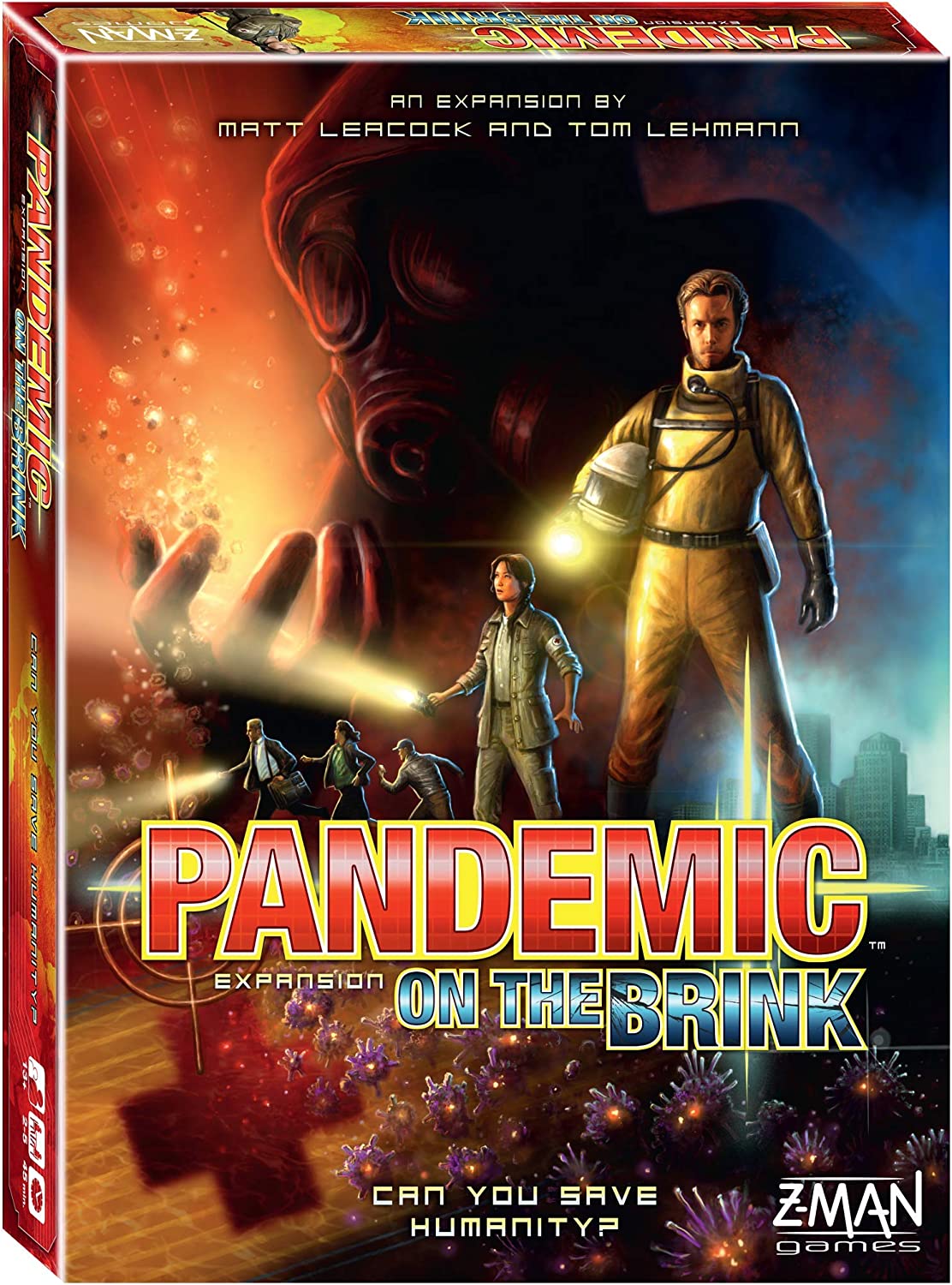 Z-Man Games branded packaging with hazmat suit, torches and an unidentified virus.