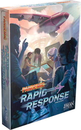 z-Man Brandeed packaging of the game Pandemic. Large cargo plane, phone operator and top secret team are showed on cover. 