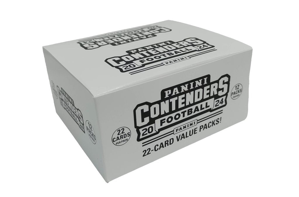 Box of Panini Contenders Football trading cards on a white background