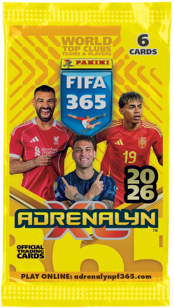 FIFA 365 Adrenalyn XL trading card pack with three football players on a yellow background