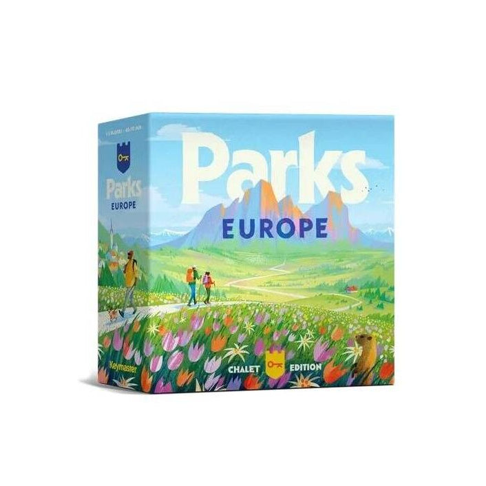 The board game box for Parks Europe, featuring a colorful landscape illustration with a blue sky, green hills, and a field of flowers. The words 'Parks EUROPE' are prominently displayed on the front.