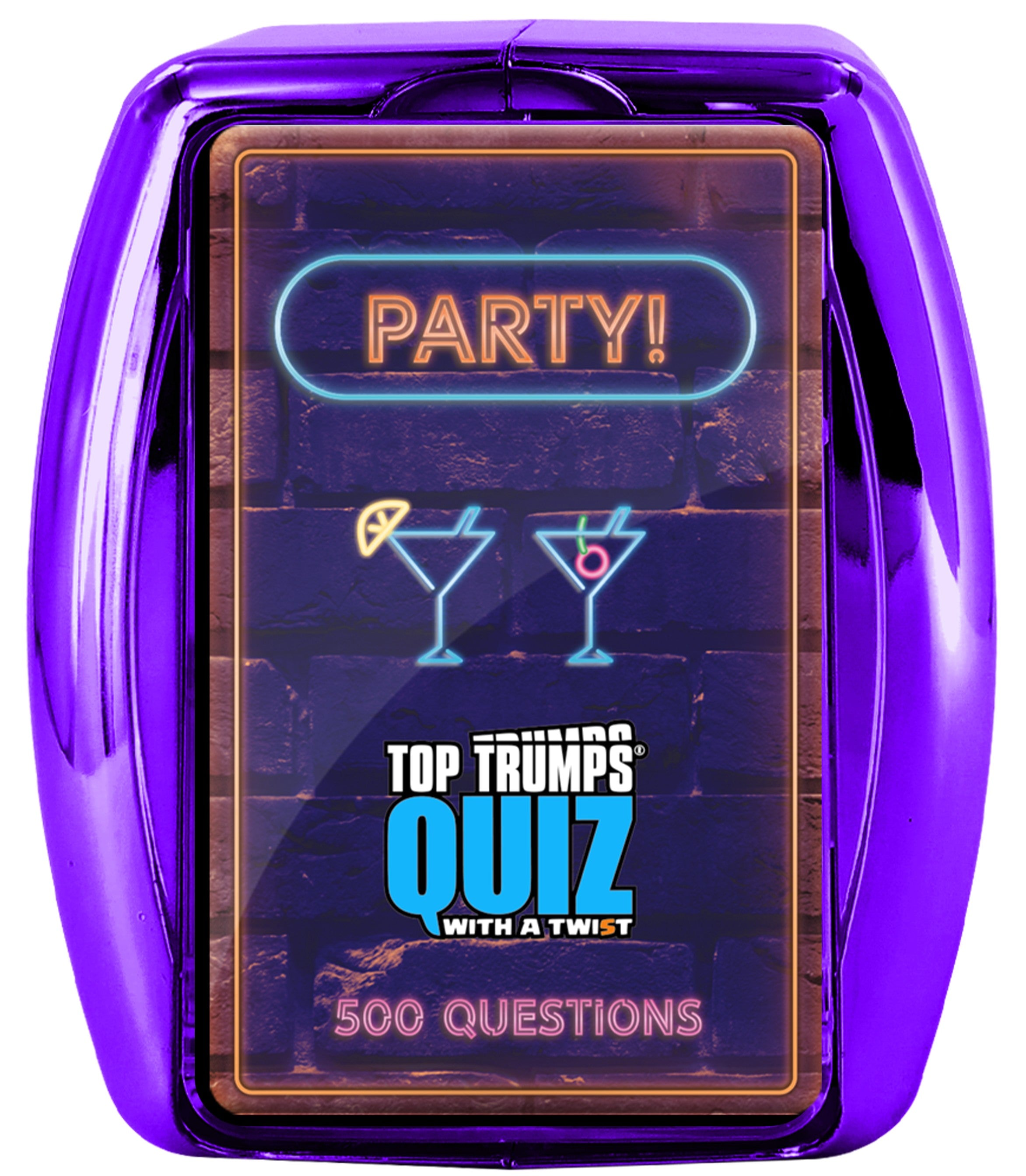 Metallic purple top trumps packaging with white background. Cover shows neon sign print saying party, along with an LED martini glass.