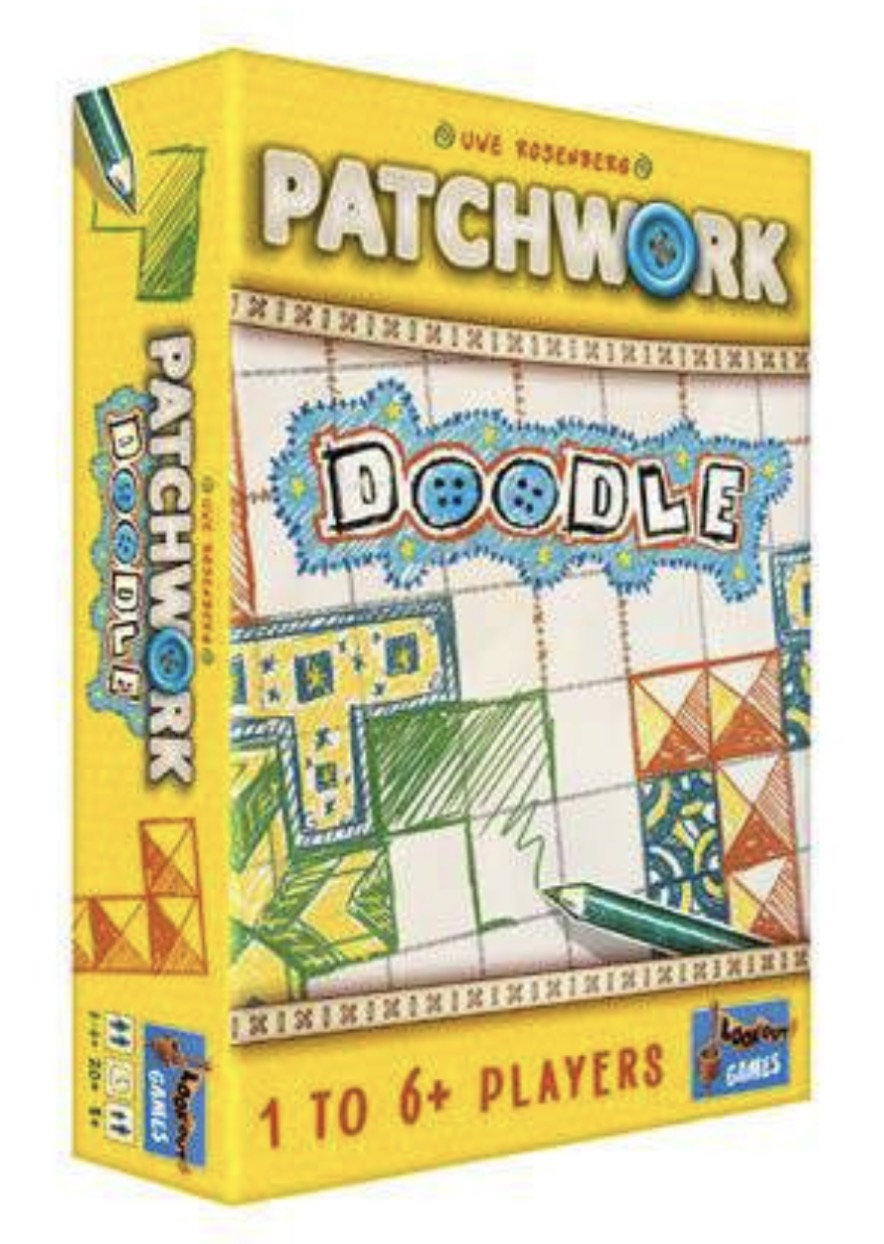 Board game box for 'Patchwork Doodle' with colorful design and text.