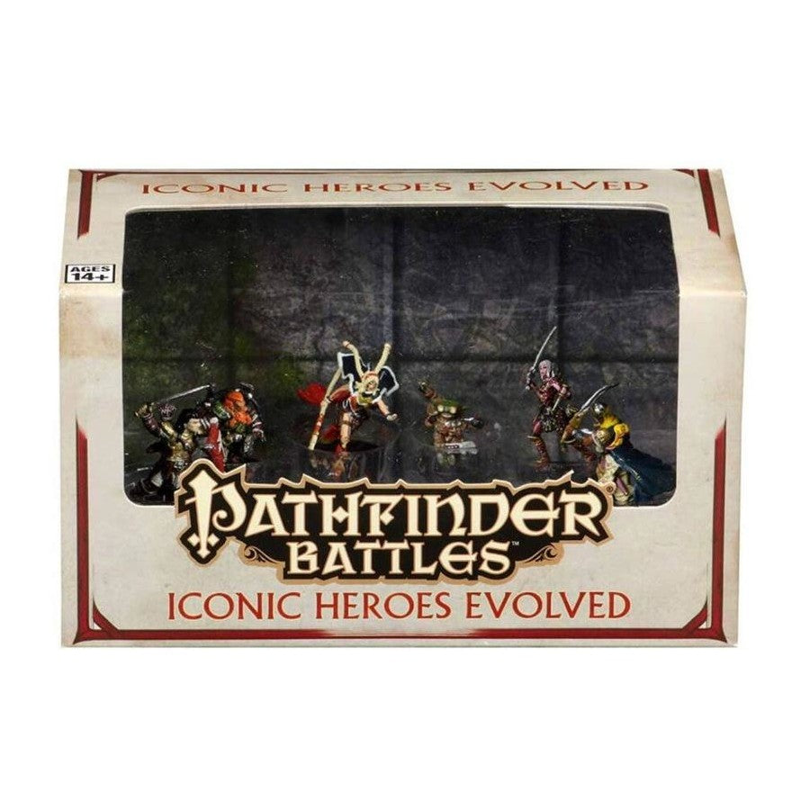 Pathfinder Battles branded packaging with clear window. Clear window shows 5 mini figures for play.