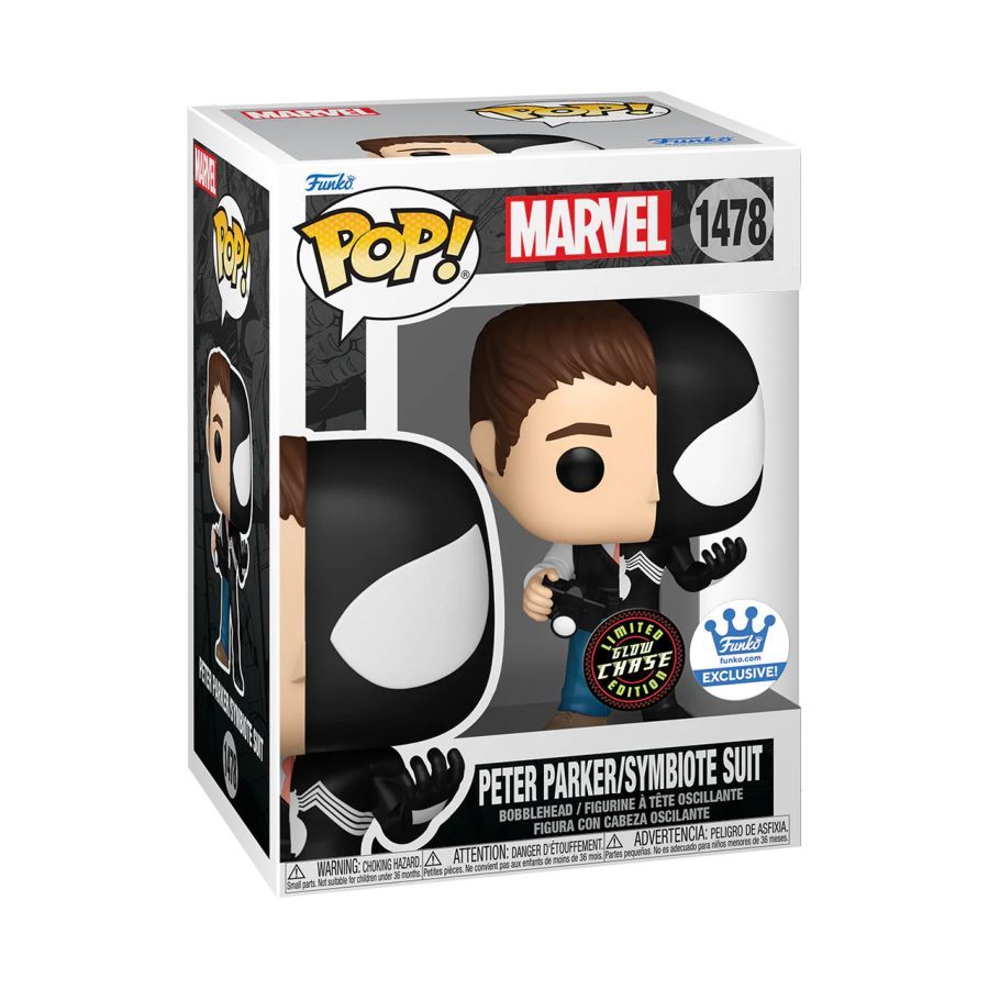Funko branded packaging with clear window. Inside box is Peter Parker split with Venom. 