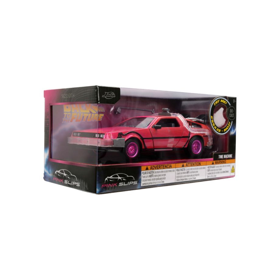 Diecast packaging with clear window. Inside the box is a pink Delorean model with pink led lighting feature.