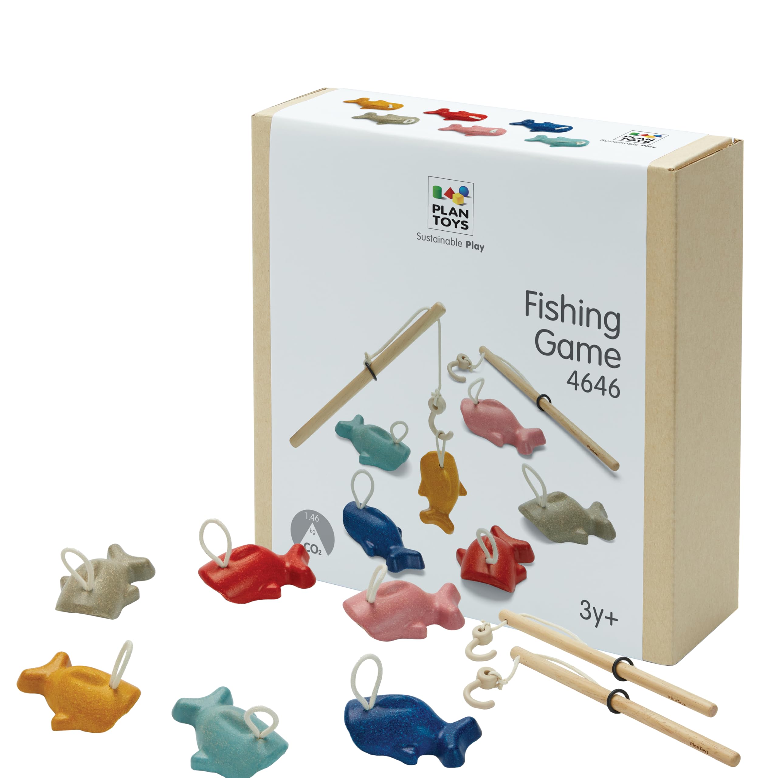 plan toys branded packaging with wooden fish and hooks. 