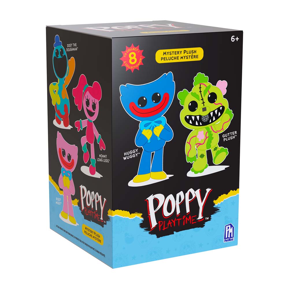 Playtime Pals Collectible Plush Blind Box showing characters from the game on each side of the box. Box is on a white background.