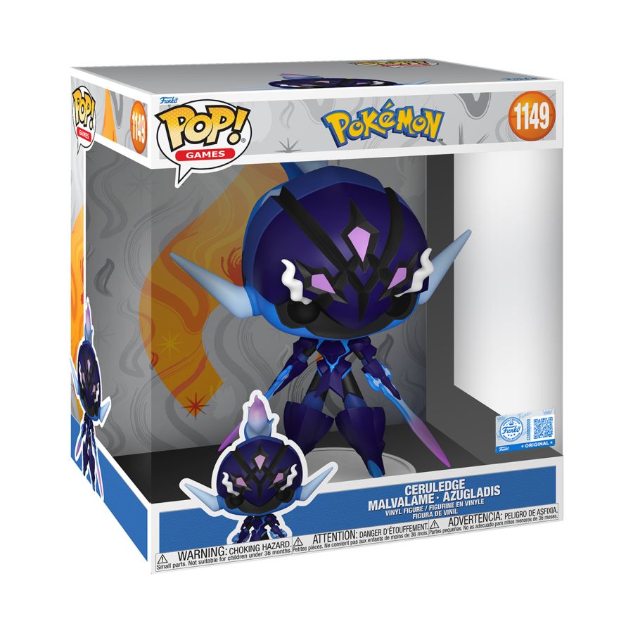 Ceruledge Pokémon action figure with a blue and purple colour scheme, in Funko packaging. 