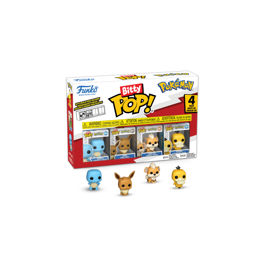 Funko Bitty Pop! Pokemon figure set with packaging on a white background. Pokemon Squirtle Bitty Pop! 4-Pack. 